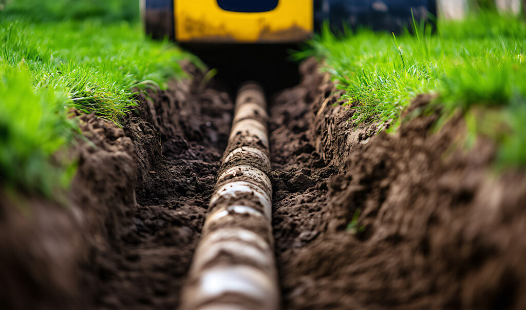 Excavator properly installing drainage pipes in backyard. Hardscaping correctly for winter months in Castle Rock, CO.