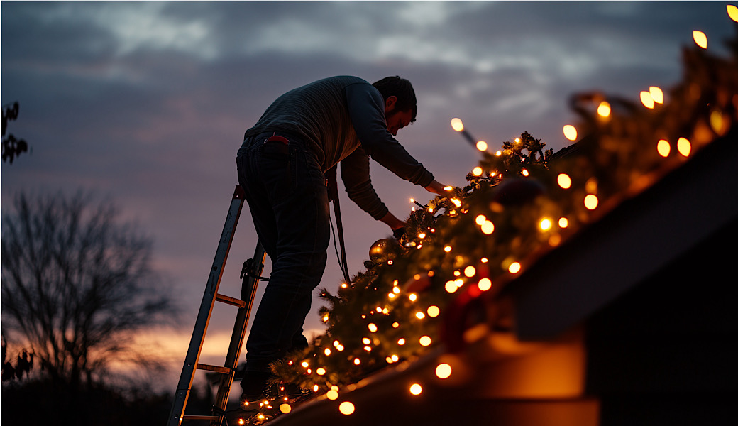 A father setting up Christmas lights on the roof, with a ladder and lights strewn about