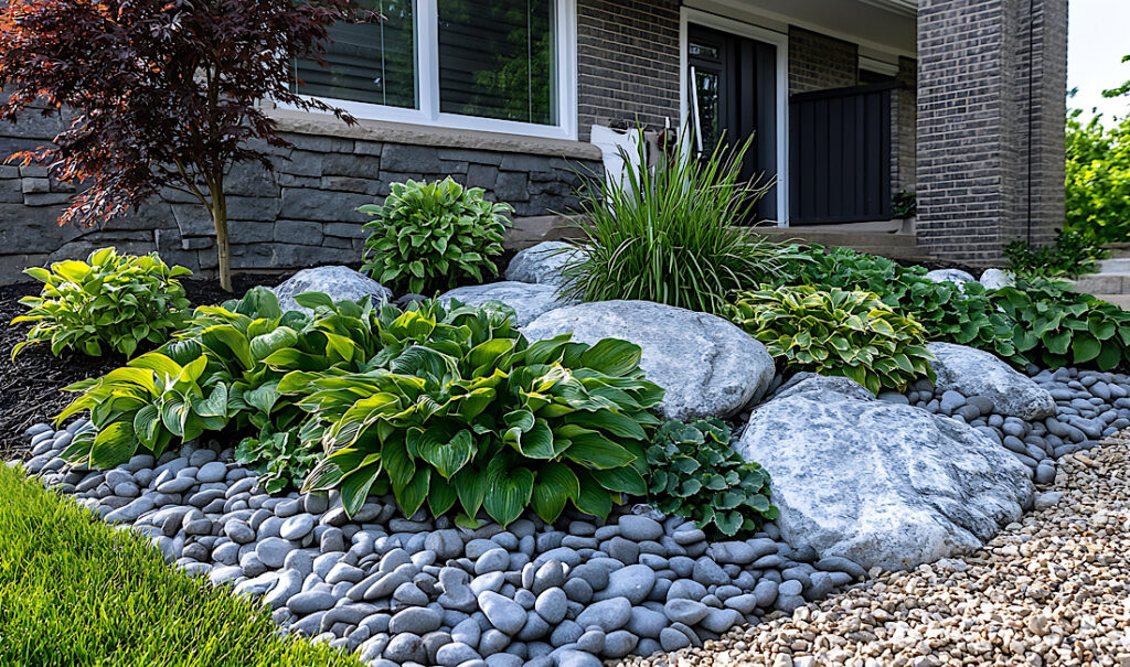 Low maintenance front garden landscaping features decorative armour stone and river rock no lawn and easy care perennial hosta and ornamental grasses for colour and texture in Castle Rock, CO