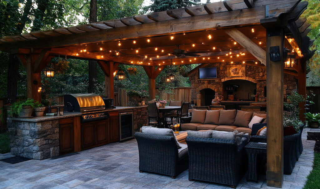 Evening Ambiance, Luxurious Outdoor Kitchen and Lounge Under a Starlit Pergola in Castle Rock, CO