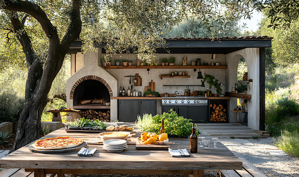 Garden-inspired outdoor kitchen, pizza oven with a nearby smoking grill, rustic table loaded with fresh produce, herbs, and artisanal olive oil, luxurious, high-end outdoor patio in Castle Rock, CO.