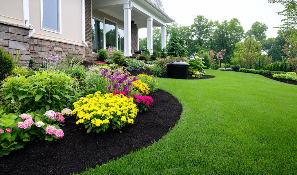 Lush green lawn surrounds a variety of colorful flowers, creating a peaceful atmosphere in a well-maintained garden. This inviting space showcases nature's beauty.