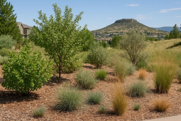 Stock photo of a Colorado xeriscape garden with native shrubs and grasses in a high-altitude landscape