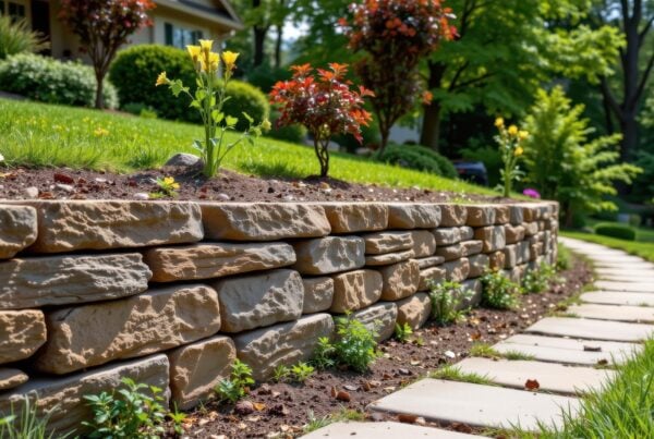 natural stone retaining wall winds along a lush garden path, carefully stacked, empty, serene, quiet