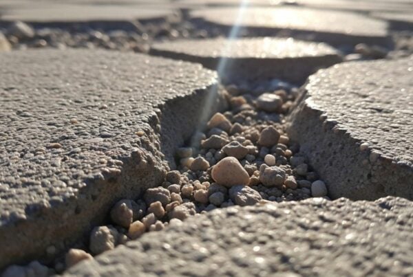 Close up view of a deep crack in a textured concrete pavement with small pebbles visible inside the fissure
