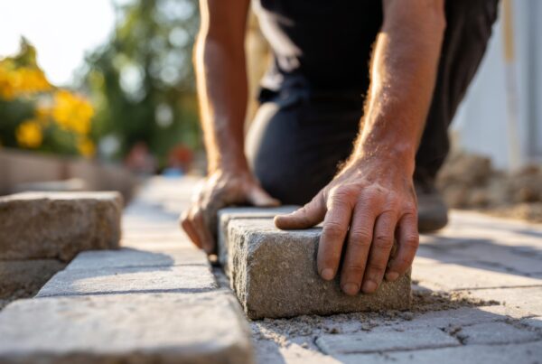 A skilled male worker carefully lays bricks on a walkway, showcasing craftsmanship in a sunny outdoor setting.